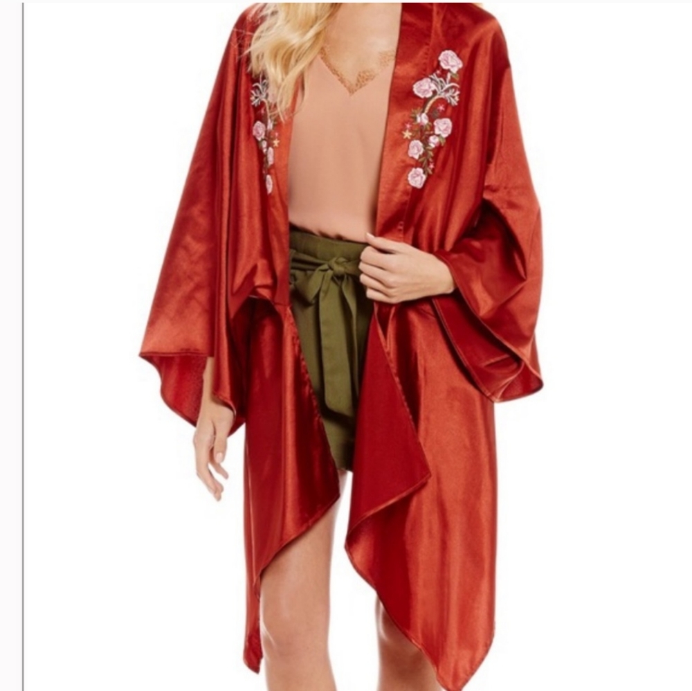 Gianni Bini Embroidered Flowers Satin Kimono Jacket
